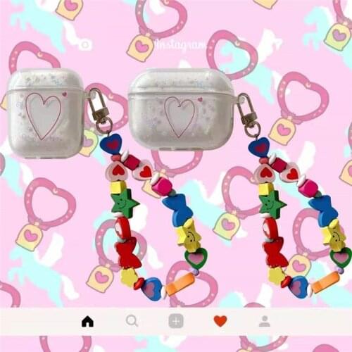 Cute Love Heart Pattern Soft Transparent Hanging Chain Earphone Case for Apple Airpod 1 2 Pro Wireless Bluetooth Protective Box