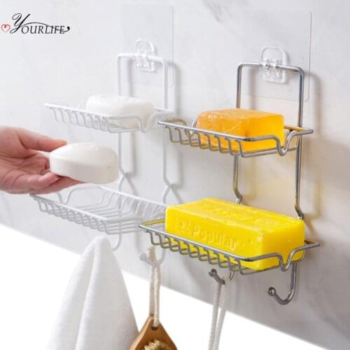 OYOURLIFE Bathroom Stainless Steel Double-deck Draining Soap Holder Self-adhesive Wall Hanging Soap Tray Stand Bathroom Products