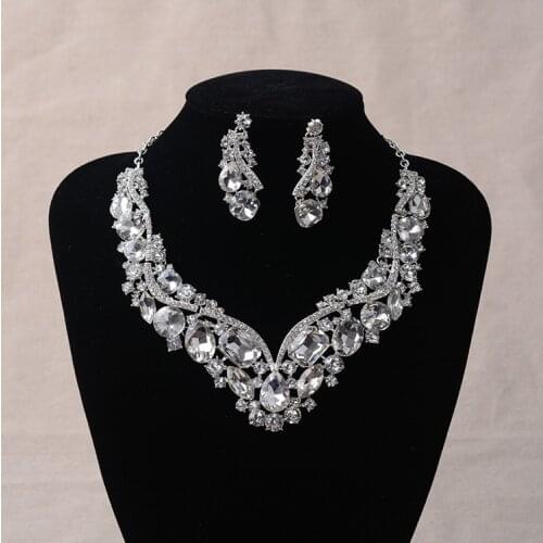 Luxury Rhinestone Wedding Jewelry Sets Earrings Geometric Crystal Statement Necklace Set for Bride African Bridal Jewelry Sets