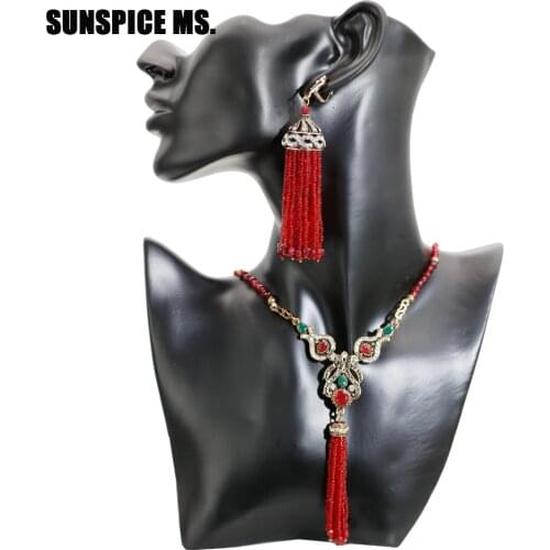 SUNSPICE MS African Beads Jewelry Set Turkish Women Ethnic Wedding Long Tassels Dangle Earrings Flower Charm Necklace Bijoux