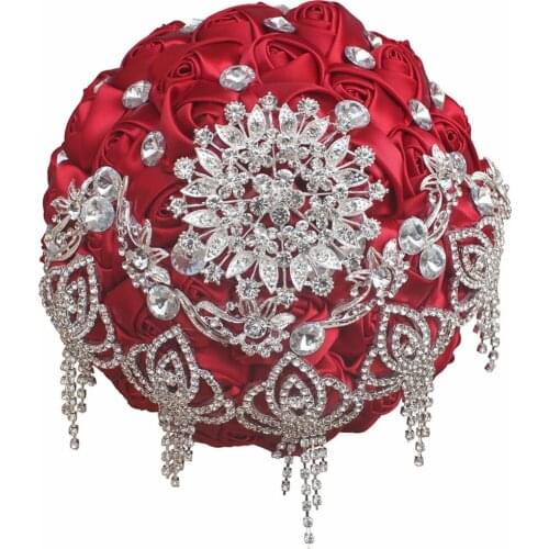 Red Rose Wedding Bouquet Crystal Brooch Bridal Bouquets Handmade Satin Flower Rhinestone Bride Wedding Bouquets Can Custom Made