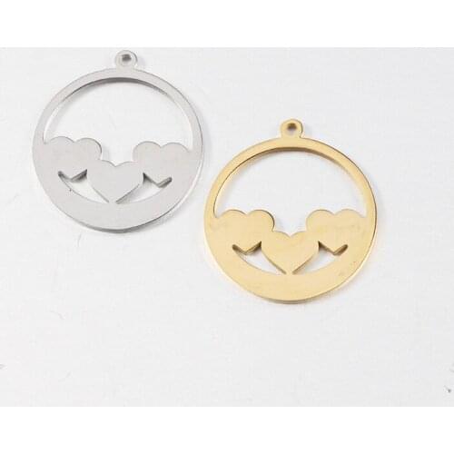 20pcs/Lot Stainless Steel Mirror Polish Round With Hearts Charms Pendants for DIY Jewelry Making Necklace Wholesale