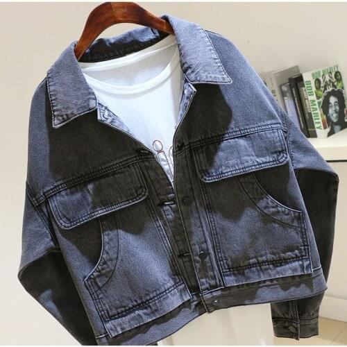 Smoke Gray Harajuku Big Pocket Denim Jacket Womans 2021 Spring New Korean Of BF All-Match Loose Long-Sleeved Jeans Coat Female