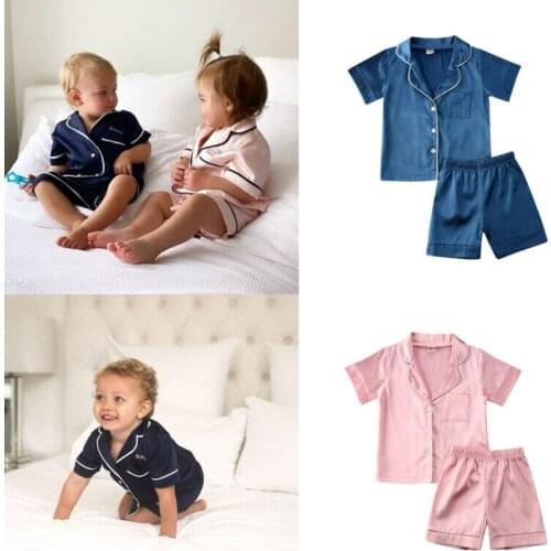 Summer Casual Kids Pajama Sets Baby Boys Girls Silk Pajamas Sleepwear Outfit Shirt + Pants Nightwear Clothes Set