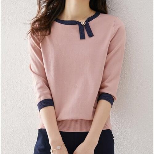 LJSXLS 2021 Spring Summer Pink Top Elegant Contrasting Color Knitted Sweater Women Three Quarter Sleeve Pullover Jumper Female