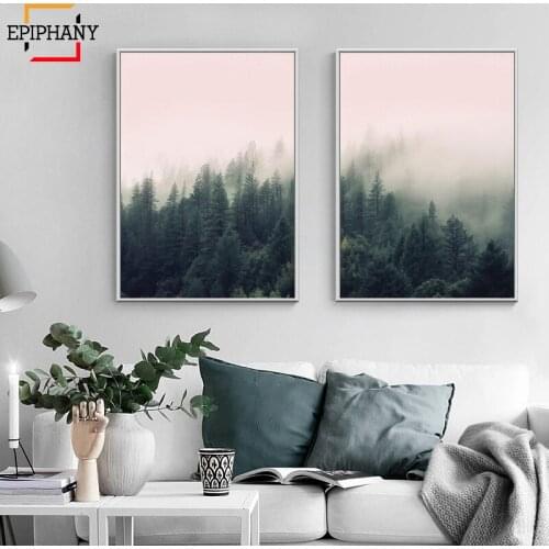 Foggy Forest Wall Art Print Modern Minimalist Scandinavian Poster and Prints Nordic Landscape Wall Picture for Living Room Decor