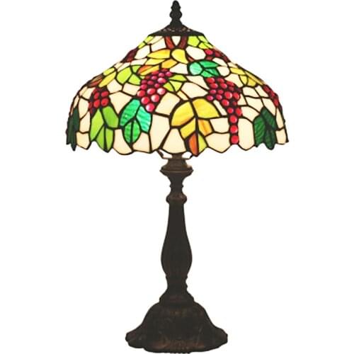 FUMAT Tiffany Style Desk Lamps Red Grape Cherry Green Leaf Stained Glass Table Home Decor Lights Handcraft Arts 16 Inch E27 LED