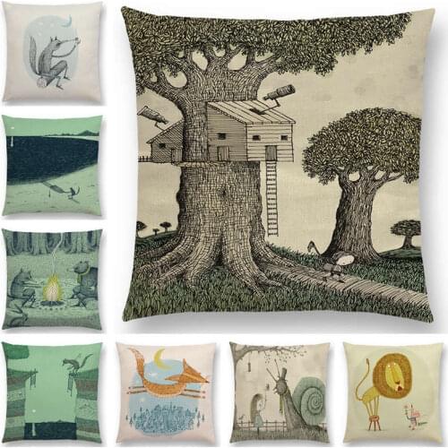 New Design Sketch Fairy Tales Sofa Pillowcase Fantasy Forest Hut Tree House Magical Animals Fable World Cushion Cover