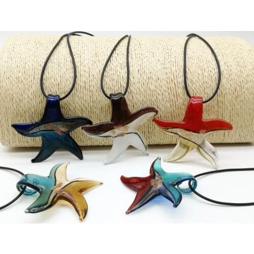 5PCS Fashion Personality Sands Mixed Color Murano Lampwork Glass Starfish Pendant Necklace For Women Gift Sweater Jewelry