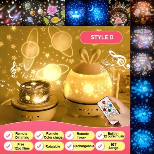 USB Rechargeable Starry Projection Night Light Rabbit For Kids Dynamic Projector Lamp For Baby Nursery Room Decor Birthday Party