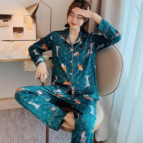 2 Pieces Set Pajamas for Women Poker Cartoon Sleepwear Satin Silk Pjs Loungewear Long Sleeve Summer Autumn Home Clothes