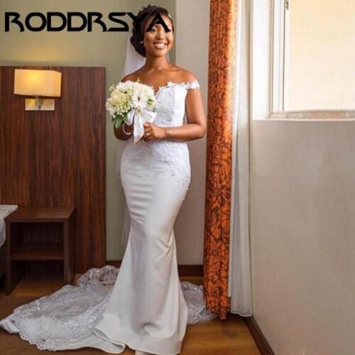 RODDRSYA Elegant Satin Mermaid Wedding Dress African Women 2019 Bruidsjurken Long Bridal Gown Off the Shoulder Lace Wedding Gown