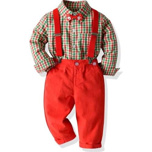 Christmas Baby Boy Gentleman Suits Kids White Shirt with Bow tie Shirt+Red Suspenders Trousers Sets Kids Party Dress Clothing