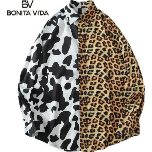Bonita VIda Leopard Patchwork Shirts Men Fashion Long Sleeve Shirt Streetwear Hip Hop Casual Loose Button Blouse Tops Outwear