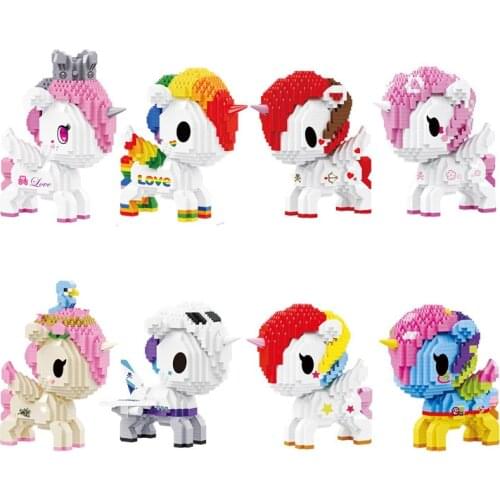 Sakura Crown Unicorn Building Blocks Cartoon Spring Pony Mini Micro Bricks Cute Horse Figure Assembled Toys For Kids Birthday