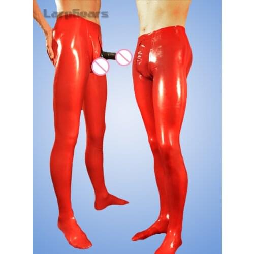 Sexy Red Latex Leggings with hidden Penis Condom cock ball Long Rubber Penis pants Latex Trousers