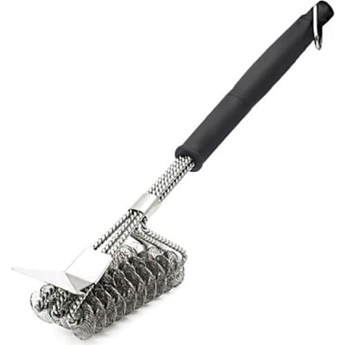 Stainless Steel Barbecue Spring Brush Scraper Three-Head Wire Bristle BBQ Grill Brushes Cleaning Tool Anti-rust with PP handle