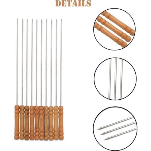 10pcs Barbecue Skewer Wooden Handle Stainless Steel Kabob Skewer BBQ Stick Outdoor Camping Kitchen Barbecue Tools Accessories