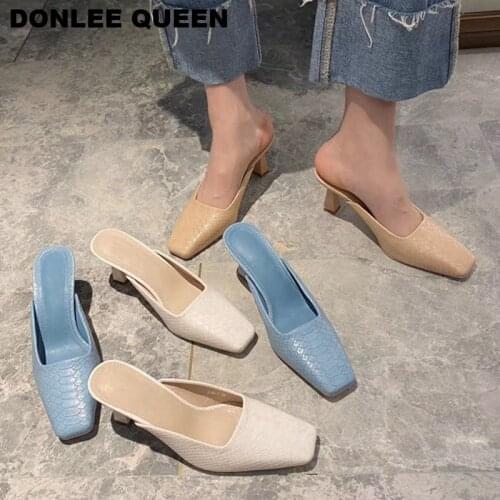 New Fashion High Heel Slippers Women Snake pattern Brand Square Toe Mule Slip On Outdoor Slides Elegant Pumps Party Wedding Shoe