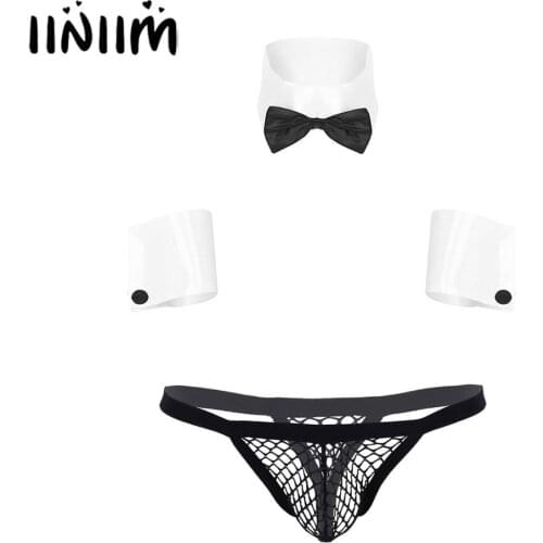 Iiniim 3Pcs Mens Roleplay Costume Exotic Lingerie Set Patchwork Zipper Briefs Jockstraps Bulge Underwear with Collar and Cuffs