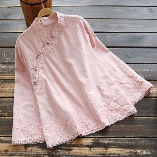 7384 New Spring Women Blouse Chinese Style Cotton and linen Embroidery Long Sleeve Stand Collar Pullover Shirt Women