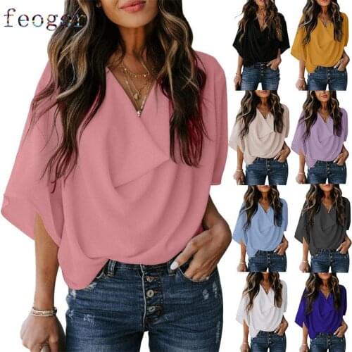 FEOGOR summer casual womens clothing Summer new chiffon shirt loose v-neck casual top T-shirt womens clothing T-shirt women