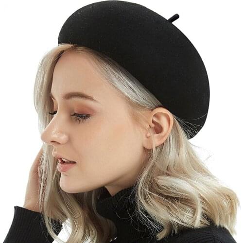 Women Winter Beret Solid Warmer Beanies Cap 100% Wool Felt Classical French Style Beret Femme Hats Lady Fascinator Fedoras Boina