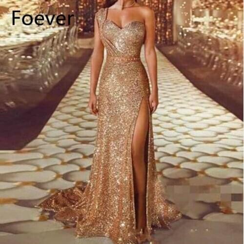 Sexy High Leg One Shoulder Crystal Sequin Gown Gold Prom Dresses Long 2019
