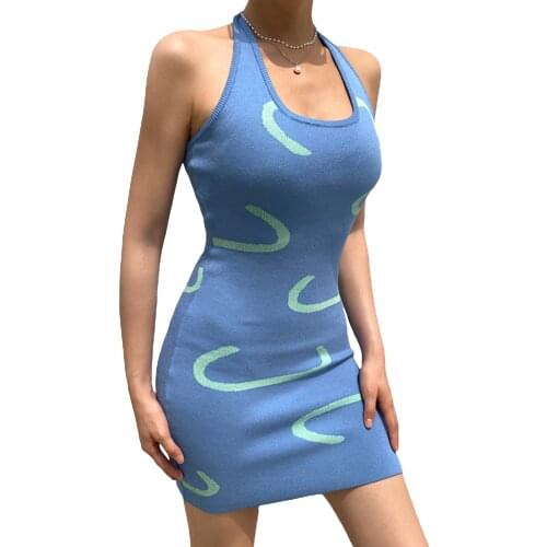 Women Sexy Halterneck Dress, Adults Summer Sleeveless Printed U-shaped Neck