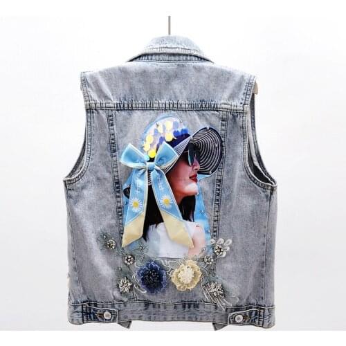 2020 fashion NEW women sleeveless denim vests beading flowers sequins bow jean jackets waistcoats all match vest JC227