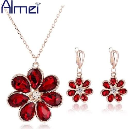 Almei Necklace with Earrings Flower Blue Crystal Jewelry Sets Butterfly Opal Rose Gold Color Necklaces Ste for Women JS0102