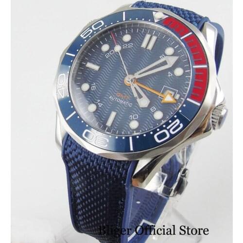 Blue Sapphire Glass 41mm Automatic Men Watch Rubber Strap GMT Hand Ceramic Bezel