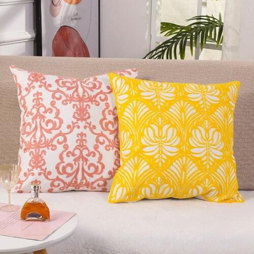 Home Decor New Embroidered Cushion Yellow Pink Flower Canvas Cotton Embroidered Suqare Pillow Cover 45x45cm