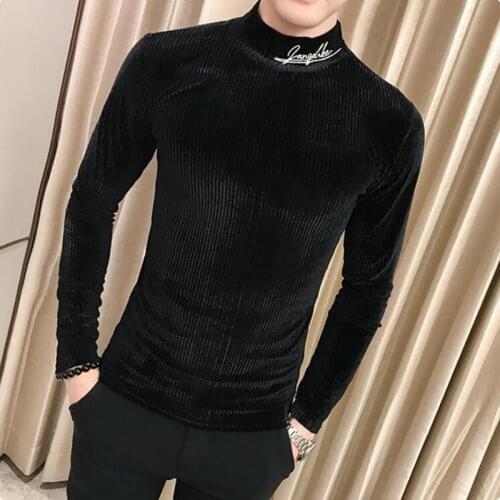 2021 British Style Men T Shirt Autumn New Knitted T-Shirts Mens Long Sleeve Streetwear Slim Casual Turtleneck Bottom Tees Shirts