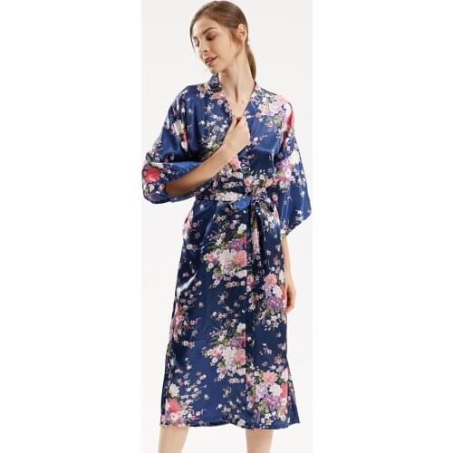 Sexy Women Casual Kimono Bathrobe Gown Flower Printing Oversize Long Sleepwear Silky Satin Wedding Robe For Bride Flower Girls