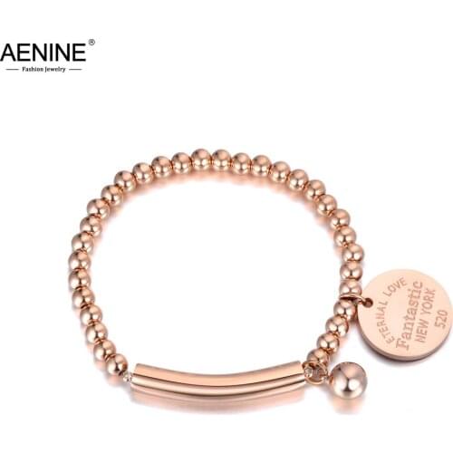 AENINE Titanium Stainless Steel Elbow & Ball & Tag Charm Bracelets For Women Girls Chain & Link Strand Beaded Bracelet AB19071