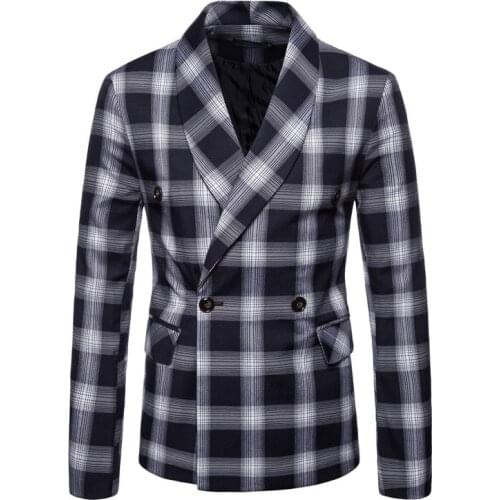 Newest Handsome Casual Fashion Men Retro Style Double-breasted Plaid Block Men Suit Fit Slim Men Coat Jacket
