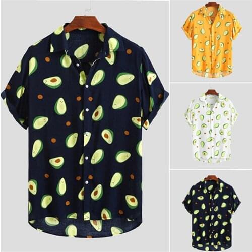 European American New Avocado Printing Short-Sleeved Beach Hawaiian Shirt Summer Hot Style Men Loose Oversize Lapel Youth Tops