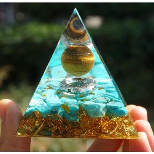 Handmade Orgonite Pyramid 60mm Magic Sun Tiger Eye Crystal Ball with Turquoise Natural Cristal Stone Reiki Energy Healing Orgone