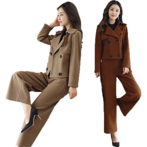 Autumn and winter new fashion double - breasted short paragraph woolen jacket personality wide leg pants thickening lady Set A