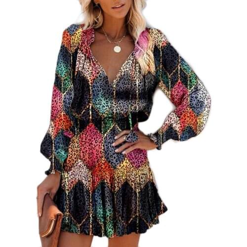 Leopard Dress Long Sleeve Colorful V Neck Office Lady Mini Dress Spring Summer Women Clothing