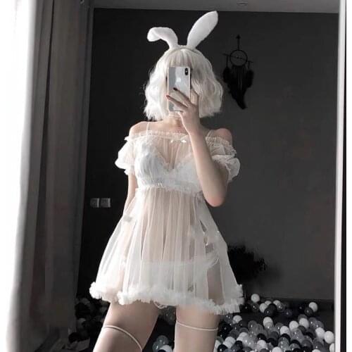 Sexy Lingerie Set Black White Lovely Sleep Wear Cute Princess Nightdress Bunny Cosplay Nightdress Transparent Lace Set Sleepwear