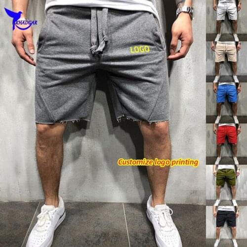 Custom LOGO Men Cotton Loose Gym Fitness Shorts Bodybuilding Jogger Raw-Edge Summer Short Pants Quick Dry Beach Board Sweatpants