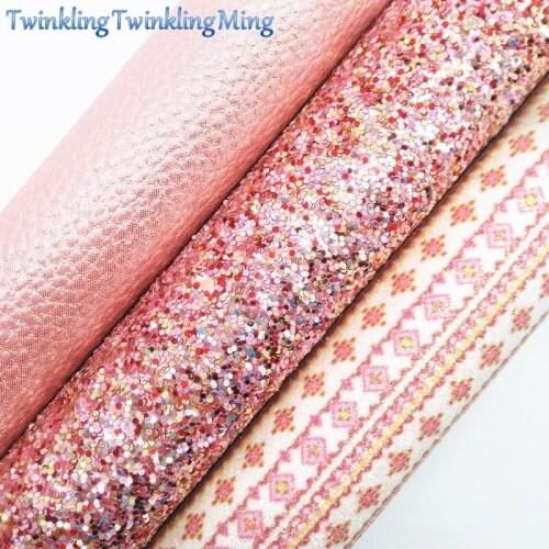 Pink Glitter Fabirc, Printed Faux Leather Fabric, Litchi Synthetic Leather Fabric Sheets For Bow A4 8"x11" Twinkling Ming XM372