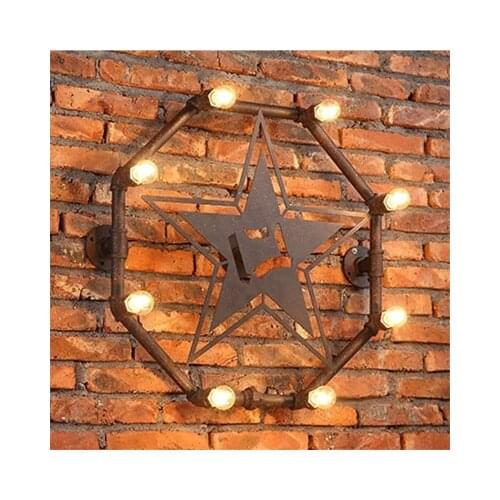 Vintage Retro Industrial Wrought Iron Painted Rust Water Pipe Octagon Star Shape Wall Lamp with Edison Bulb for Bar Cafe Decor