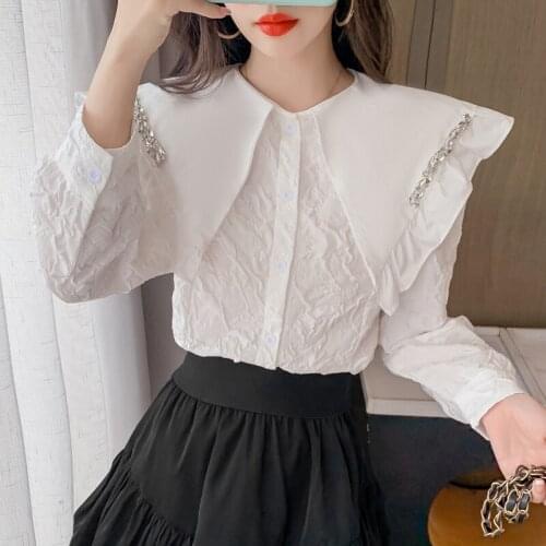 Contrast Patchwork Casual Blouse Shirts for Women Fashion Diamonds Rhinestones Ruffled Lapel Blouses Women Long Sleeve Crop Top