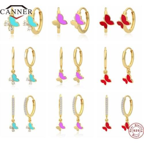 CANNER 925 Sterling Silver Blue Purple Red Butterfly Pendant Ear Hoops Drop Earrings for Women Piercing Huggie Earing Jewelry