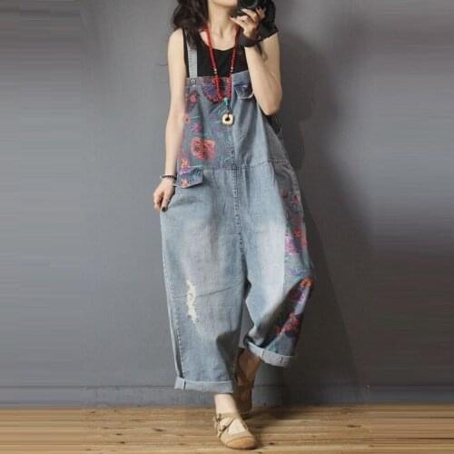 Women clothing denim washed print rompers vintage overalls women jumpsuits suspenders jeans women overalls fashion rompers