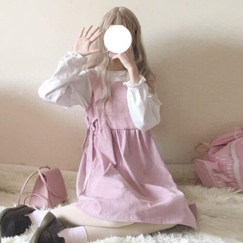 Japanese Autumn Lace-up Bow Square Collar Sleeveless Corduroy Sweet Dress for Women kawaii clothing sweet lolita dress