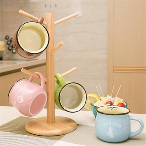 1 Set Tree Shape Wood Coffee Tea Cup Storage Holder Stand Home Kitchen Mug Hanging Display Rack Drinkware Shelf with 6 Hooks